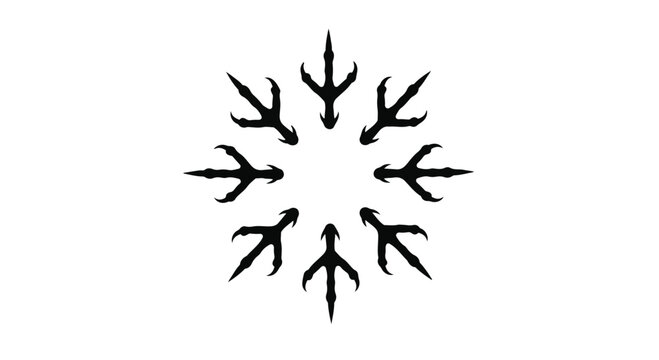 Black and white illustration depicts a circular arrangement of stylized bird footprints or talons radiating outwards from a central empty space.