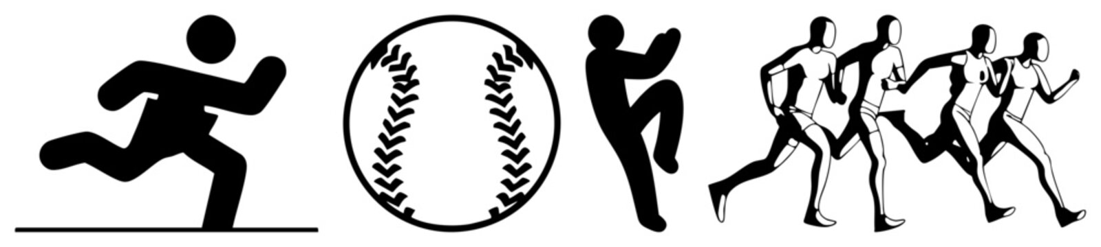 This energetic set features a fast runner, a classic ball, and a group of sprinting sprinters. These human stick figures and baseball capture movement through bold black silhouettes.
