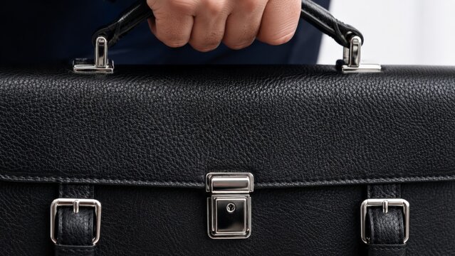 Close up of hand holding black leather briefcase with silver buckles.