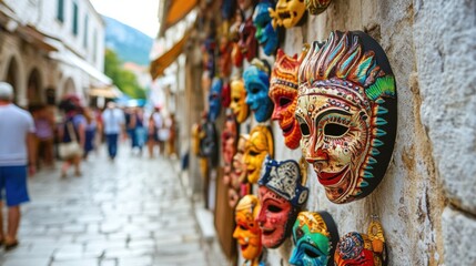 Fototapeta premium colorful masks on a wall in a crowded street