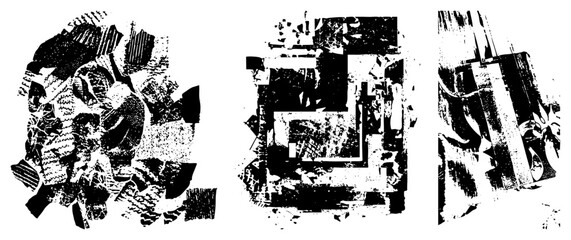 Fototapeta premium This gritty collage features rough assemblage elements and punk style scrap pieces. These distressed textures and urban debris scraps create a high contrast aesthetic for edgy designs.