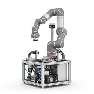 Industrial robotic arm for automation on white background.