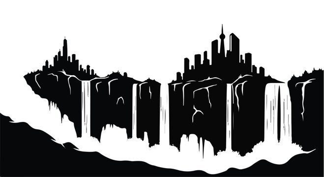 Fantasy city silhouette is perched on cliffs with multiple waterfalls cascading into the foreground, depicting an ethereal and dramatic landscape.