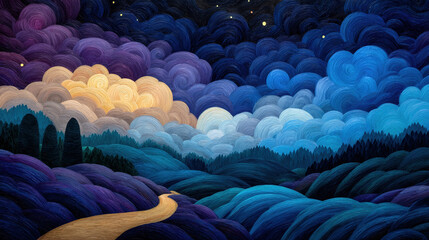 Obraz premium Farmers work alongside towering, bioluminescent GMO crops under a starlit sky, in a mystical, dreamlike landscape, with a painterly