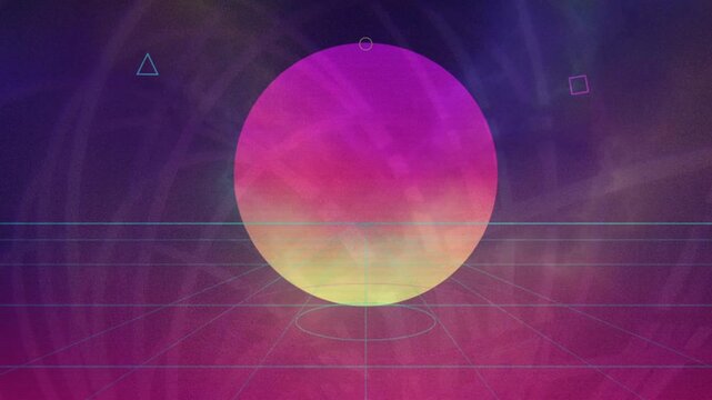 Retro Synthwave Background with Glowing Sun and Grid Horizon