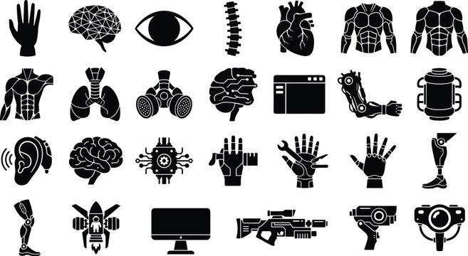 Cybernetic augmentations and human anatomy black silhouette icons vector set featuring futuristic bionic prosthetics isolated on white background