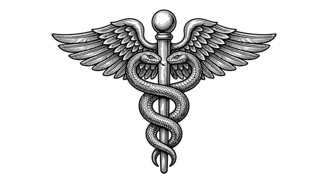 Detailed black and white vector illustration of a medical caduceus symbol with intricate wing textures