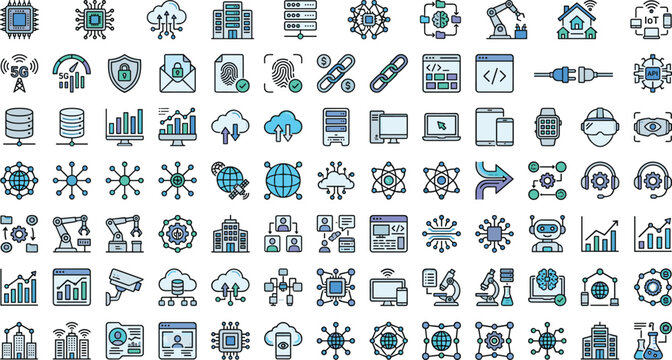 Technology digital network vector icon set with cloud computing database server artificial intelligence robotics blockchain coding and analytics