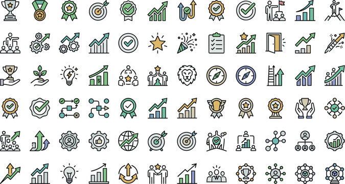 Business success growth vector icon set with trophy medal target graph climbing rocket achievement leadership and career