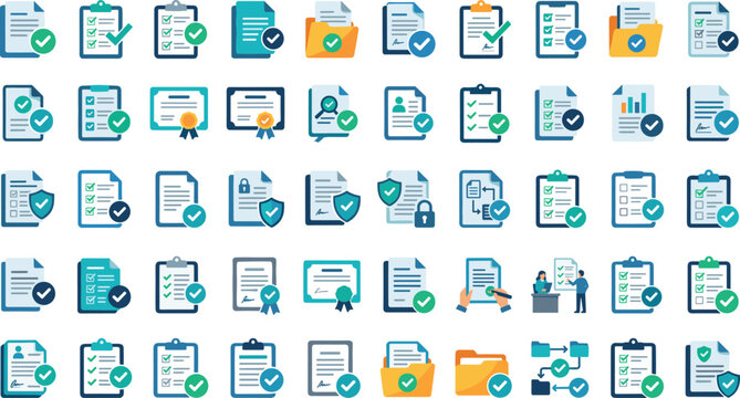 Compliance document verification vector icon set with checkmark checklist certificate shield folder approval clipboard policy agreement audit