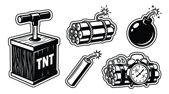 A black and white vector graphic illustration featuring various explosive devices and vintage detonator tools