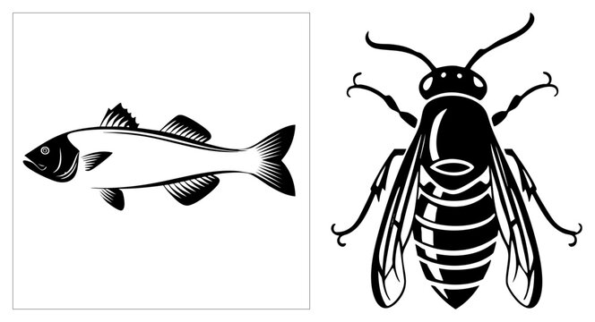 Striking duo featuring a sleek swimmer and a winged hornet, this graphic set a river dweller alongside a stinging bug in a bold stencil aesthetic.