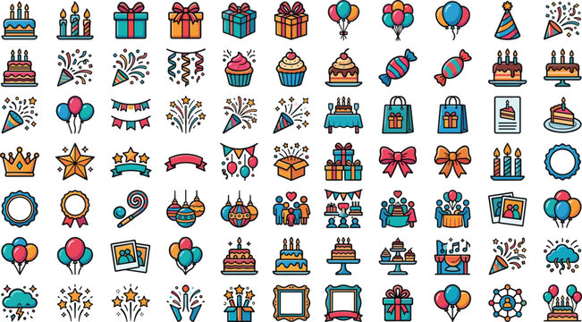 Birthday party celebration vector icon set with cake balloons gift box fireworks confetti cupcake candy and crown