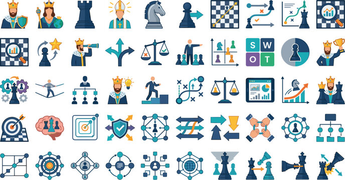 Business strategy leadership chess vector icon set with king queen knight chessboard swot chart target and balance