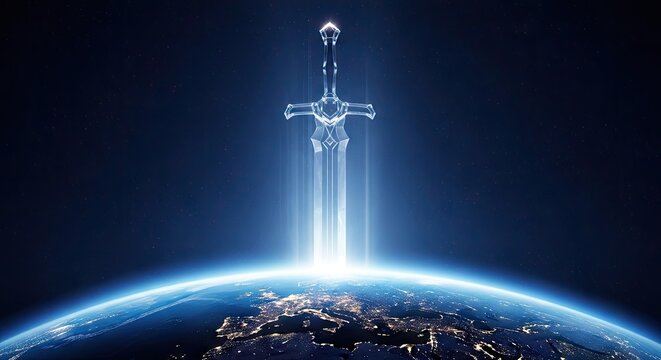 Glowing crystal sword plunged into planet earth from outer space.