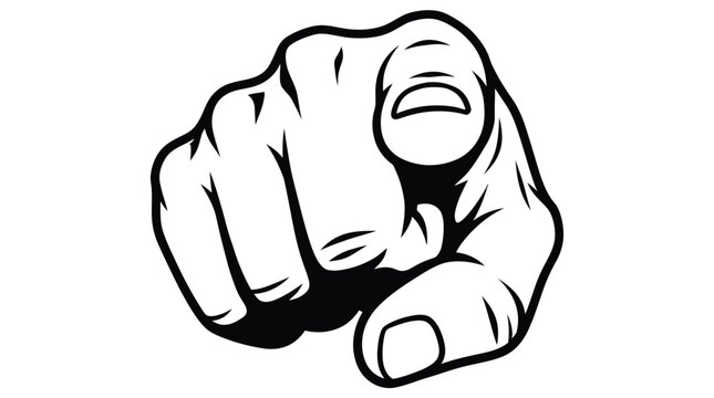 Bold black and white vector illustration of a human hand pointing directly forward at viewers