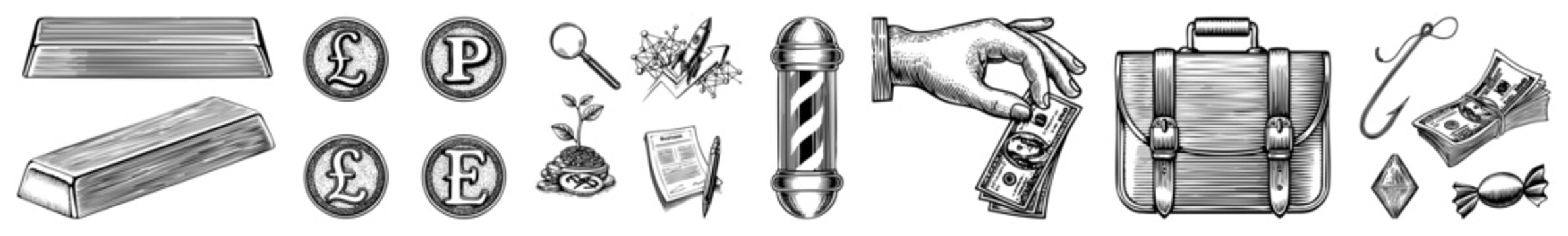 Collection of hand drawn etching elements featuring gold bullion, various coins, a briefcase, and cash. This set includes old school dough, hard earned bread, and precious metal ingots.