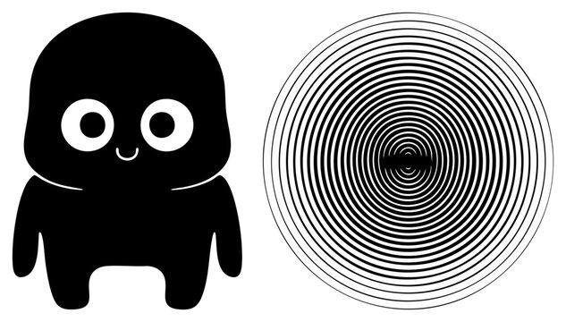 Tiny shadow alongside a mesmerizing hypnotic swirl. This little void buddy and its spinning eye like orb create a striking contrast of simple shapes and rhythmic.