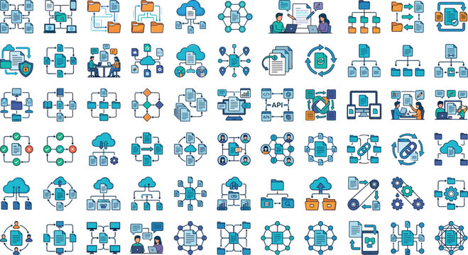 Data database infrastructure cloud computing vector icon set with network architecture server folder api structure and database