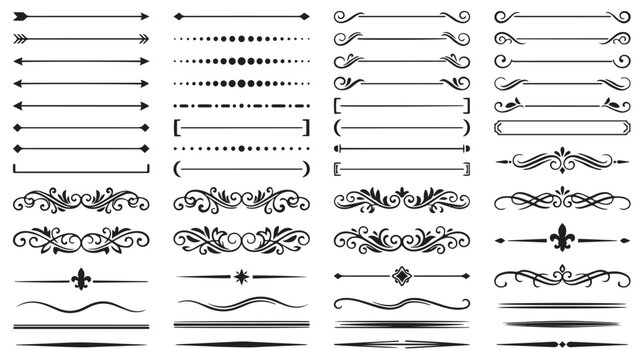 Sophisticated vector dividers and ornate calligraphic flourishes for elegant page layout, creating refined visual separation and decorative accents in various graphic designs