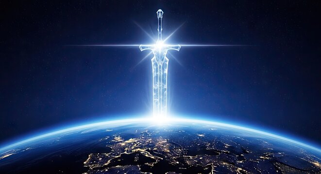 Glowing magical sword floating above the planet Earth.