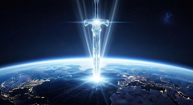 Glowing vertical sword over planet Earth in space.