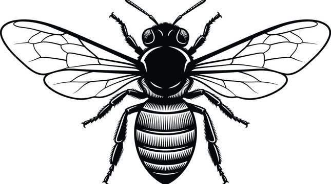 Detailed black and white vector illustration of a flying honey bee with intricate wing patterns