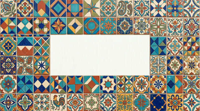 Close-up of vibrant multicolored tile patchwork pattern with geometric mosaic texture background