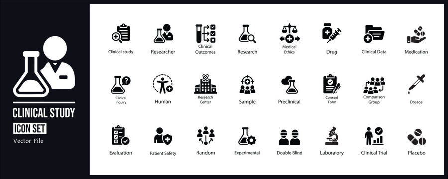 Clinical Study and Medical Research Icon Set Vector Collection for Healthcare and Laboratory Use