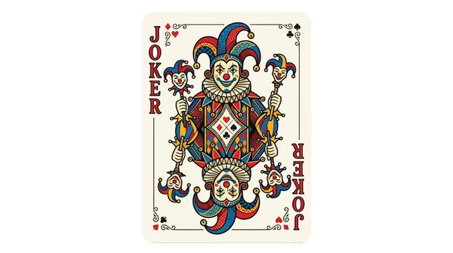 A detailed vector illustration of a colorful joker playing card with intricate patterns and design elements