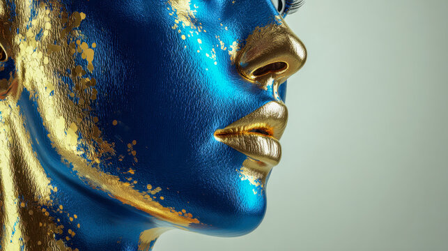 Side profile of a futuristic human face painted with metallic blue and gold textures, featuring intricate detail and dramatic lighting on the skin surface