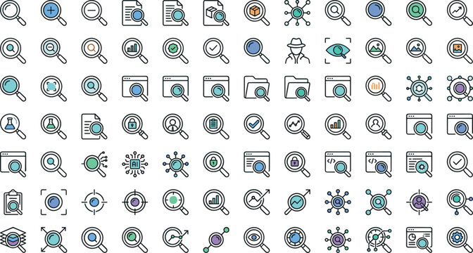 Data analytics search investigation vector icon set with magnifying glass document file webpage chart network spy and checkmark