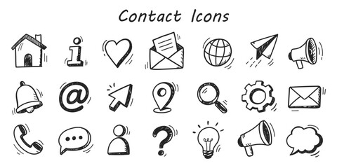 Contact and communication doodle icons. Hand drawn home, mail envelope and globe, paper plane and map pin, cursor and gear, light bulb and user, search magnifier menu signs. Vector sketch icon set © Daishin