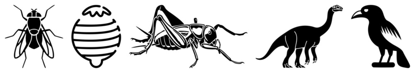 Obraz premium Diverse set of black silhouettes featuring a housefly, a striped honeybee, a large cricket, a long necked dinosaur, and a crow. This group of bugs and animals provides versatile shapes.