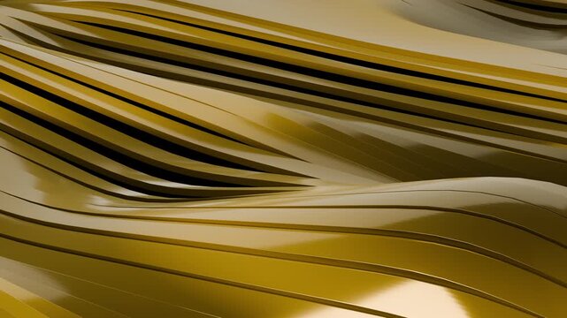 Luxury 3D golden waves undulating with vertical perspective seamless loop. Premium gold metallic layers background. Elegant corporate wealth motion graphics 4K 24fps.