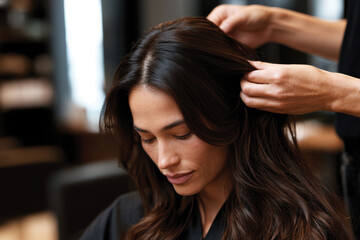 Naklejka premium A captivating scene of a hair stylist working skillfully with a client, emphasizing the beauty and artistry involved in professional hairstyle creation.