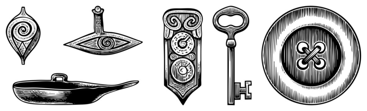 Set of fine etchings featuring a decorative key, a button, and an ornate vessel. These antique trinkets and curios include a handheld spindle and a curious eye shaped talisman.