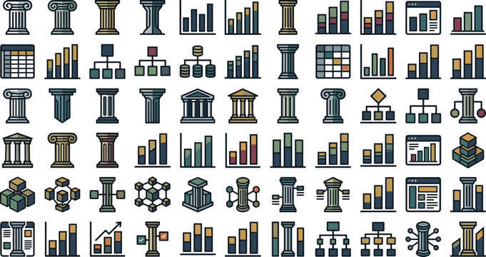 Pillar column chart data vector icon set with architecture classic bank graph finance business corporate organization network