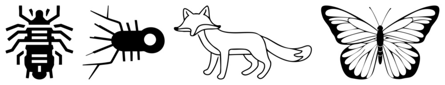 Set of clean art including a cunning vulpine, a delicate lepidoptera, and various small critters like a bug or louse. These simple silhouettes capture essential animal forms.