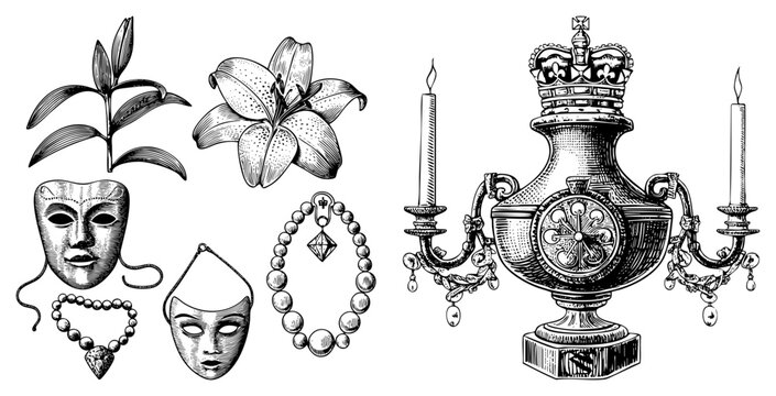 Collection of antique etchings including a crown candelabrum, delicate lily, and theatrical masks. This set features a classic masquerade face and elegant botanical sprigs.