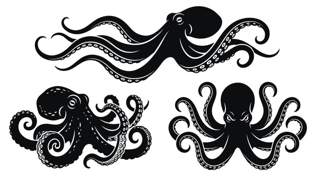 Detailed black vector illustration set featuring three distinct octopus creatures in various dynamic swimming poses