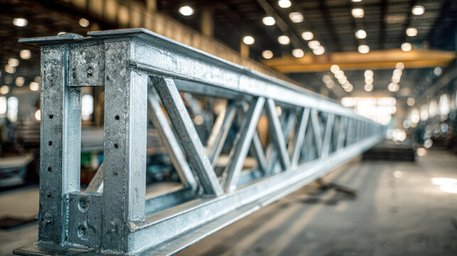 Industrial metal truss beam structure in a spacious warehouse with blurred background highlighting heavy construction materials and equipment indoors