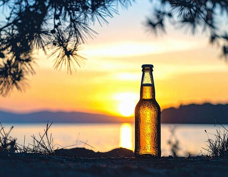 beer bottle against a sunset