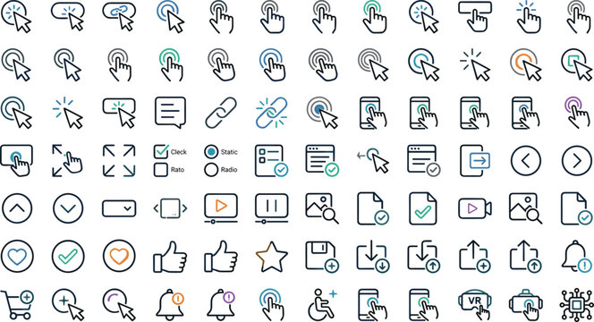 Website user interface cursor click vector icon set with hand pointer mouse navigation buttons media and communication