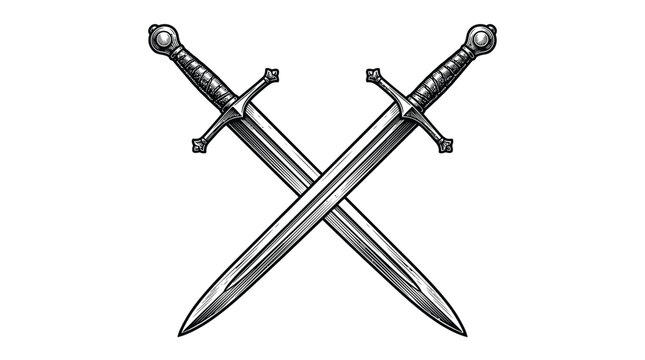 Detailed vector illustration of two crossed medieval swords featuring sharp blades and ornate metal hilts
