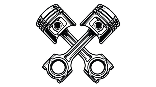 Detailed black and white vector illustration of two crossed engine pistons for automotive graphic design