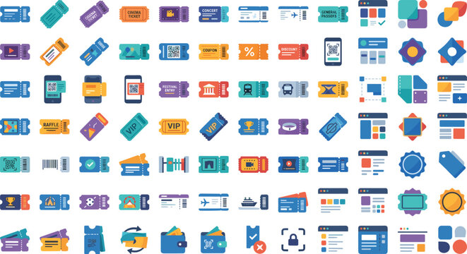 Ticket voucher coupon vector icon set with boarding pass movie concert booking event and digital interface templates