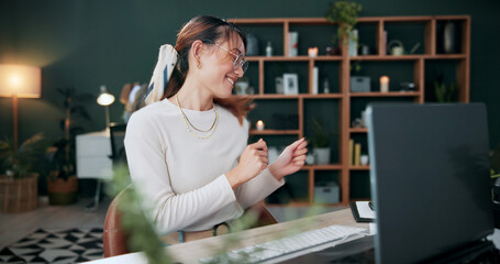 Happy, woman and celebration in office with laptop, good news or notification for ad campaign...