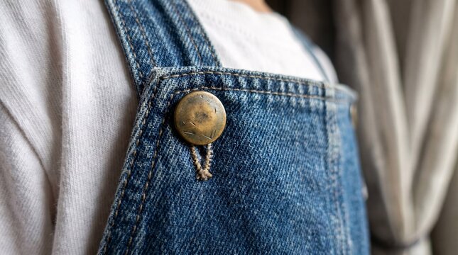 Close-up of vintage denim overalls with brass button