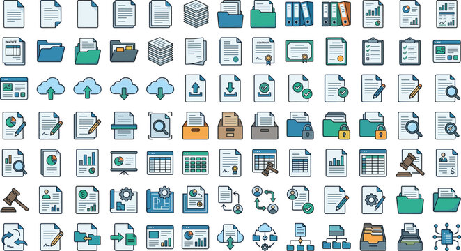 Document management file folder vector icon set with business data analytics report contract cloud storage and server